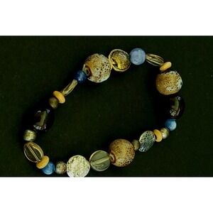 Mixed Ceramic Glass Metal Bead Stretch Bracelet Blue Brown Boho